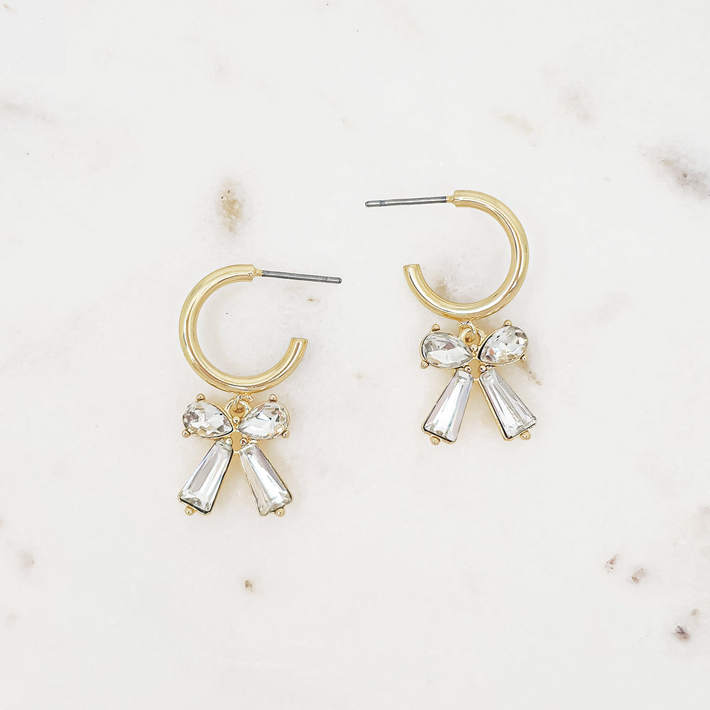 Gold Hoop Earrings with Clear Crystal Bow Charm