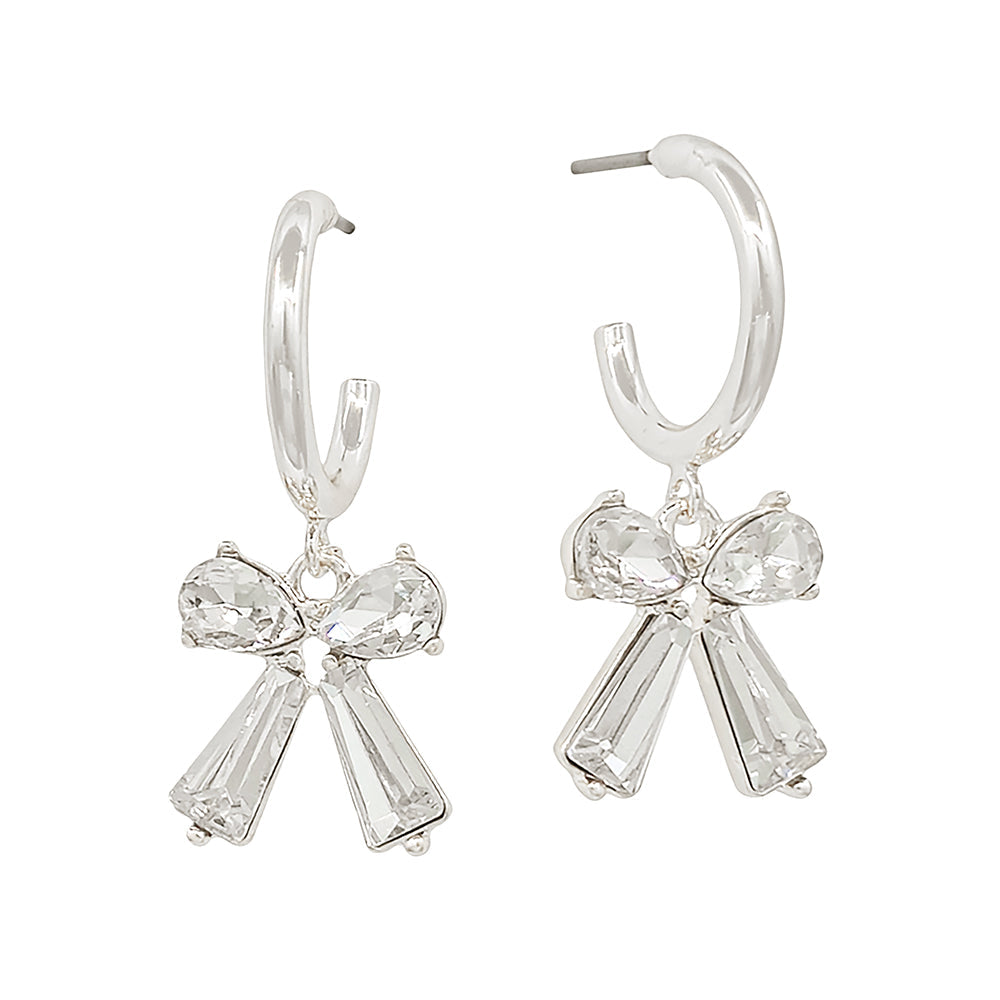 Gold Hoop Earrings with Clear Crystal Bow Charm