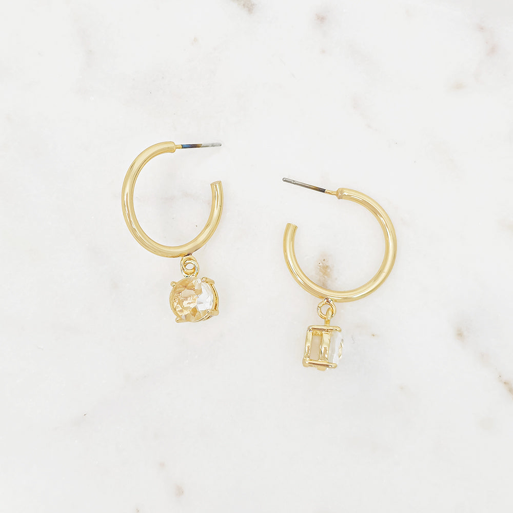 Gold Hoop Earrings with Clear Crystal Dangle