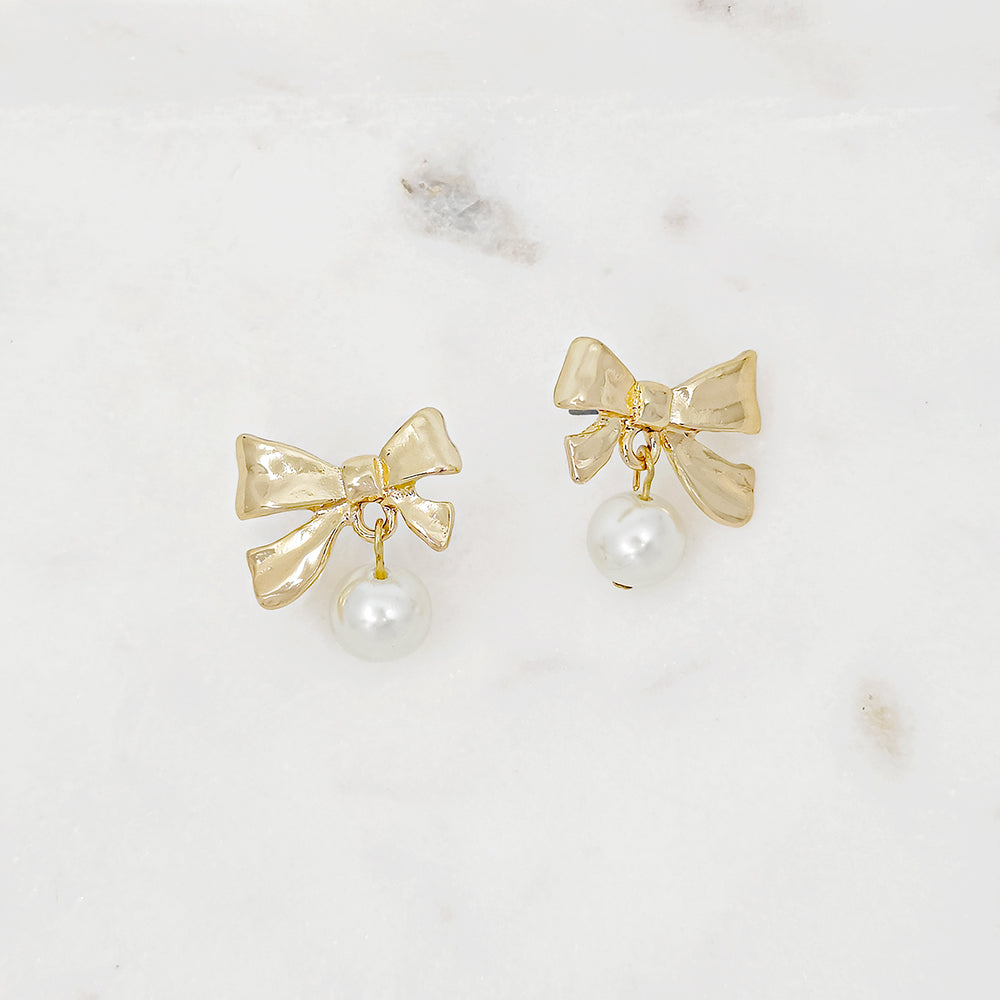Bow Pearl Drop Stud Earrings – Gold & Silver-Tone Dainty Earrings