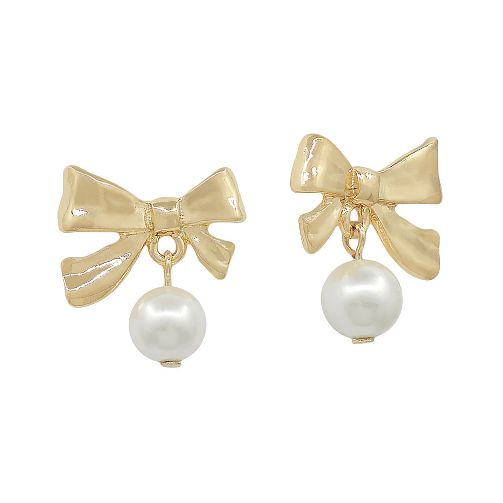 Bow Pearl Drop Stud Earrings – Gold & Silver-Tone Dainty Earrings