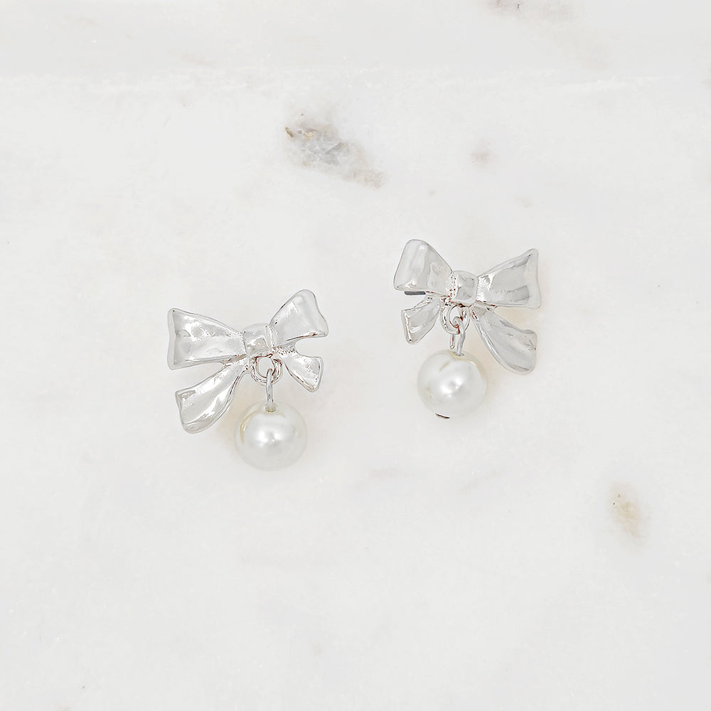 Bow Pearl Drop Stud Earrings – Gold & Silver-Tone Dainty Earrings