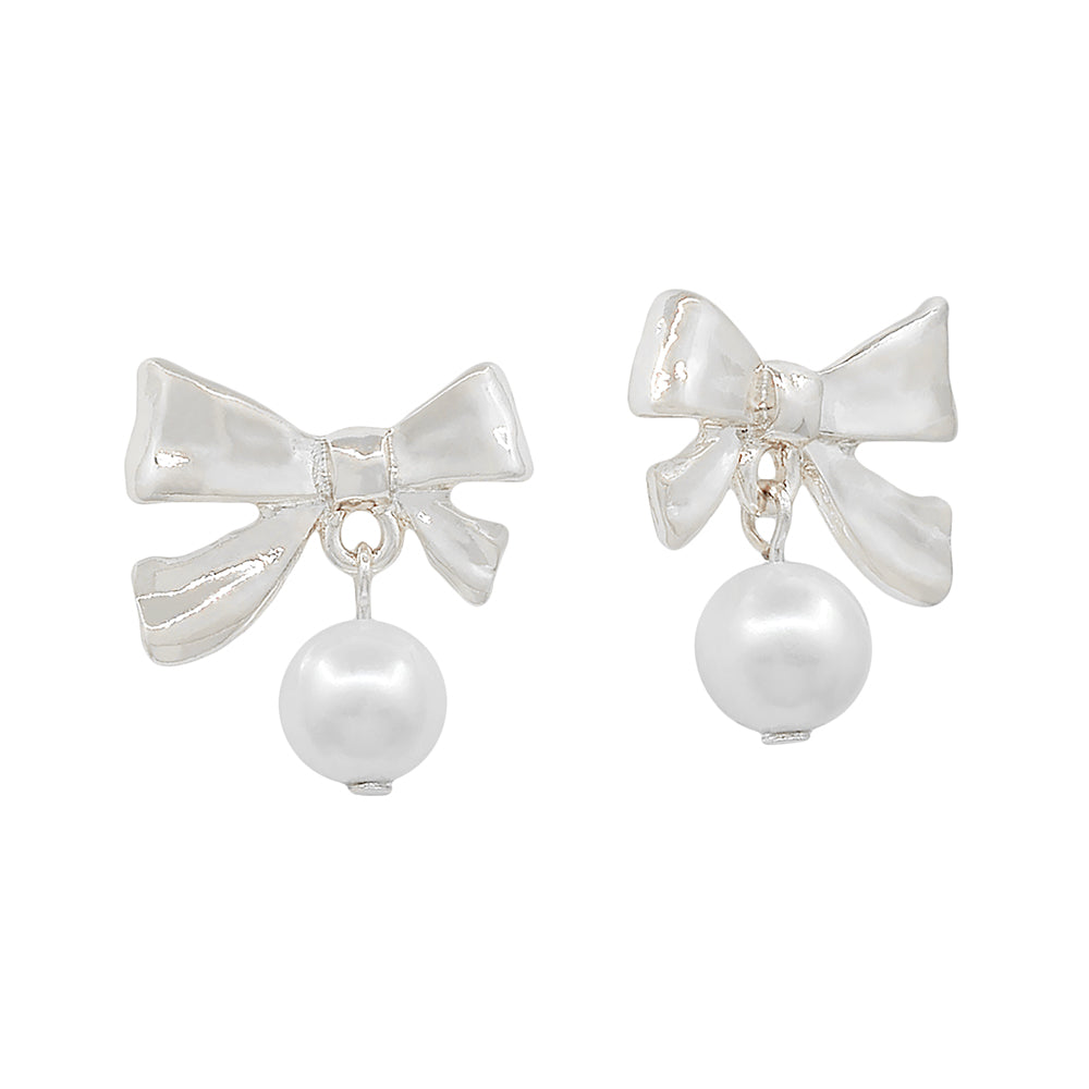 Bow Pearl Drop Stud Earrings – Gold & Silver-Tone Dainty Earrings