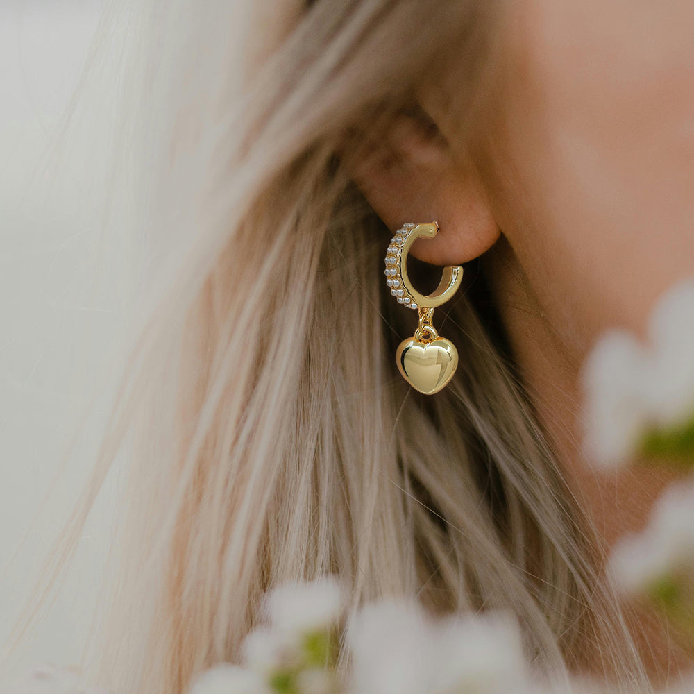 Pearl Heart Drop Hoop Earrings