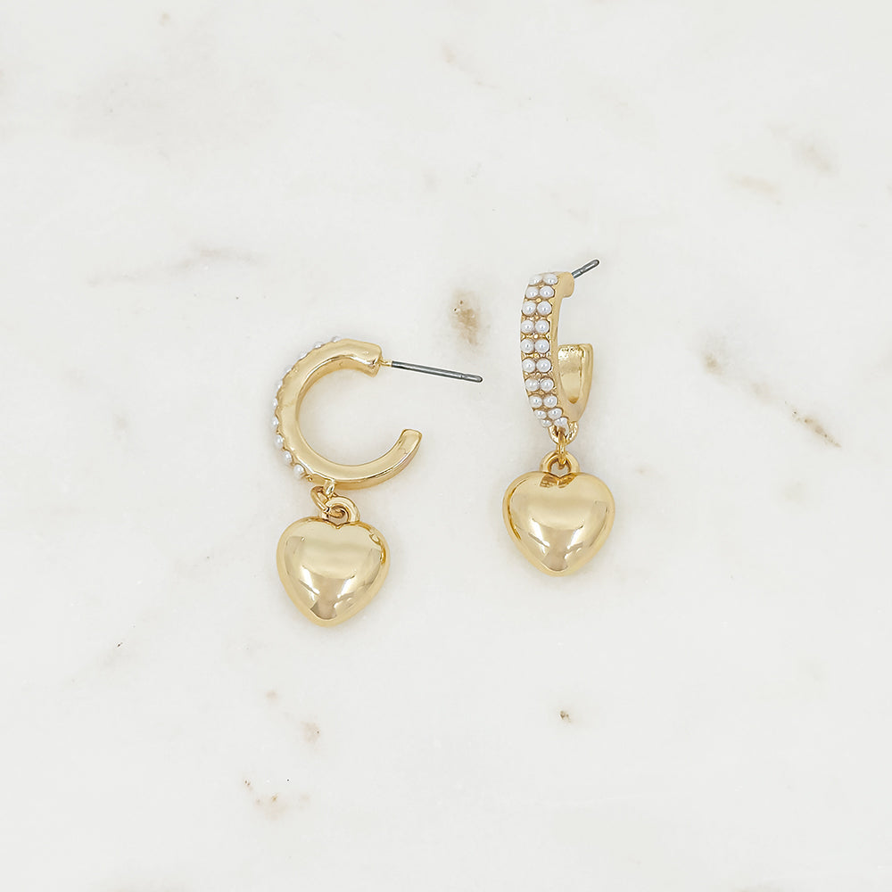 Pearl Heart Drop Hoop Earrings