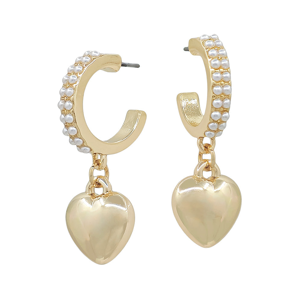 Pearl Heart Drop Hoop Earrings