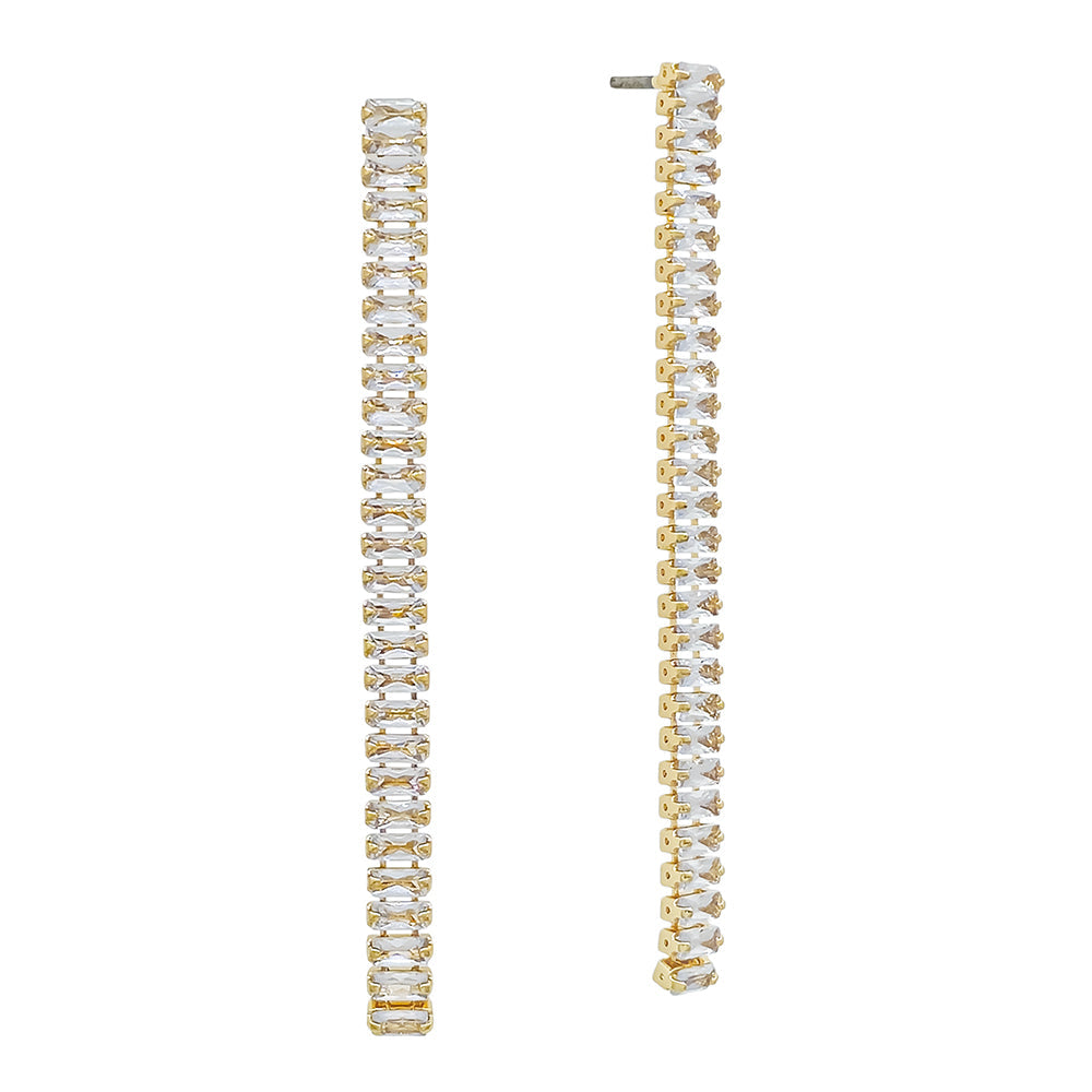 Long Baguette Crystal Stick Drop Earrings – Gold & Silver-Tone Sparkling Linear Design