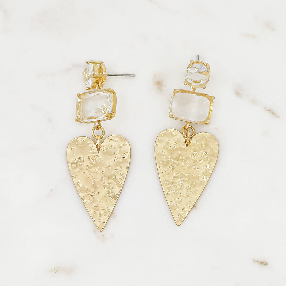 Hammered Heart Drop Earrings with Crystal Accents