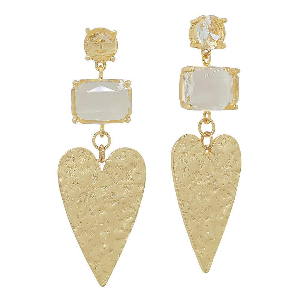 Hammered Heart Drop Earrings with Crystal Accents