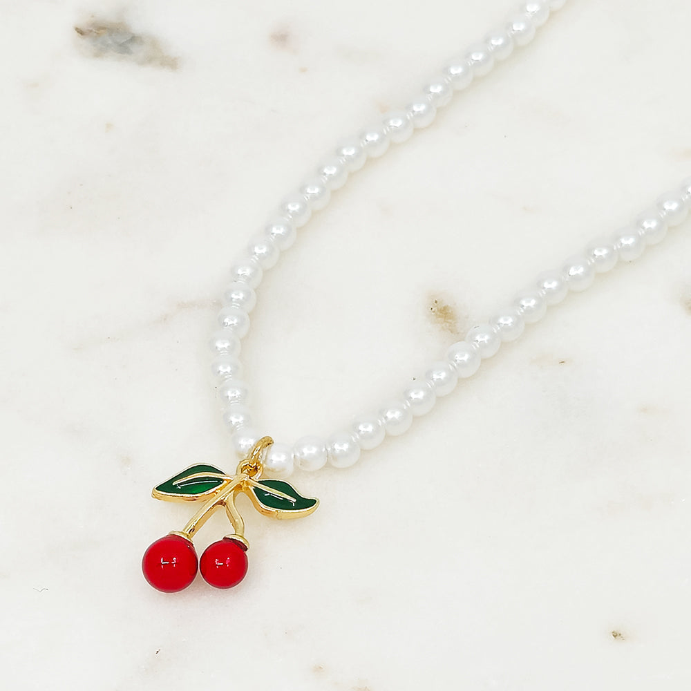 Pearl Necklace with Cherry Pendant