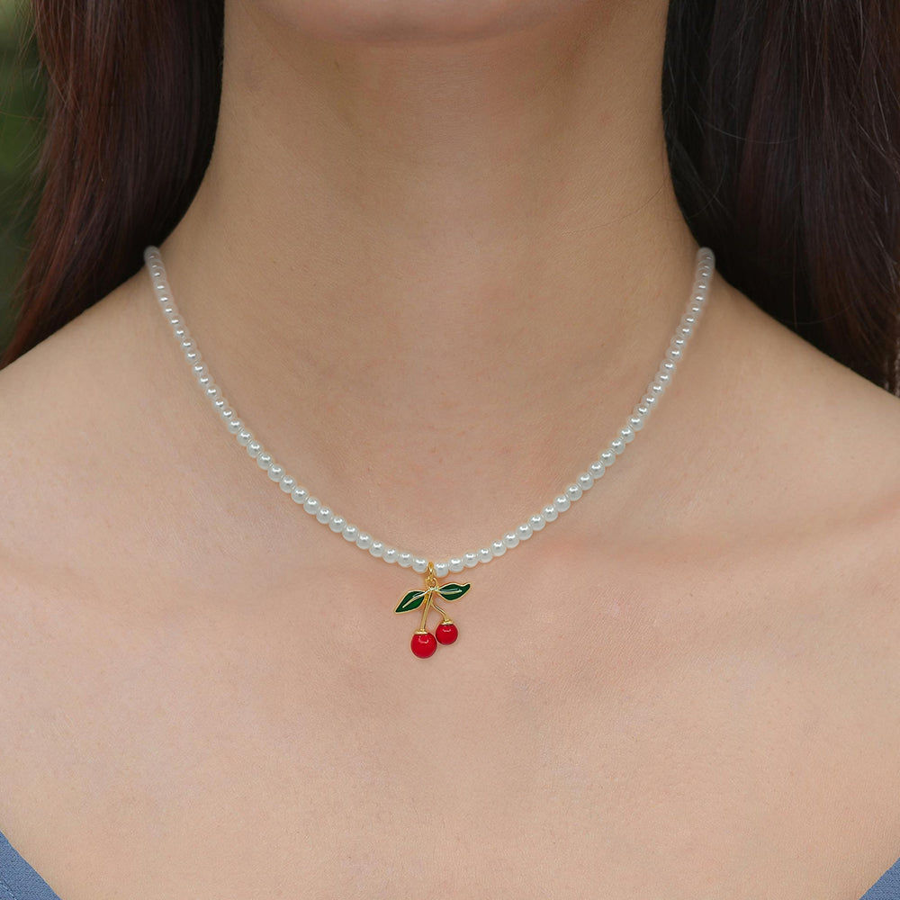 Pearl Necklace with Cherry Pendant