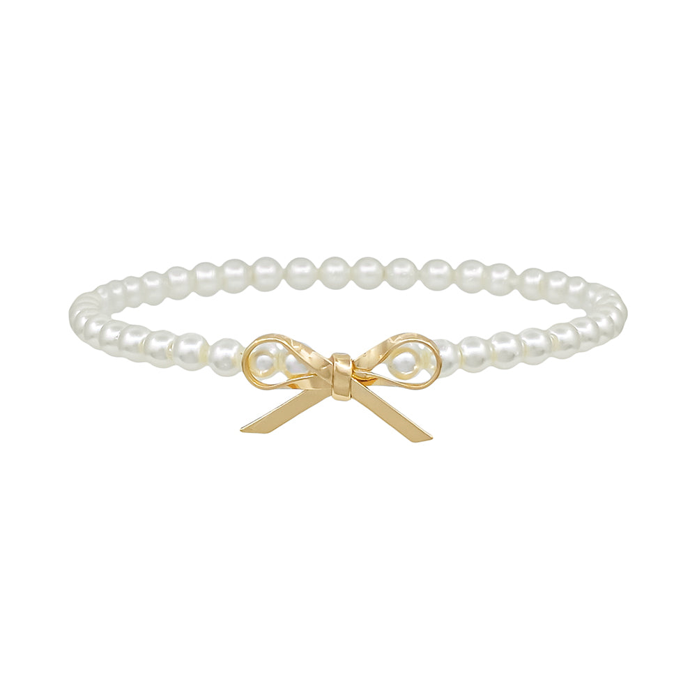 Dainty Pearl Stretch Bracelet with Gold Bow Charm