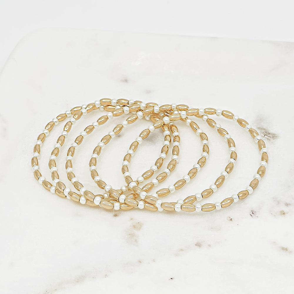 Gold and Pearl Stretch Bracelets – Set of 5