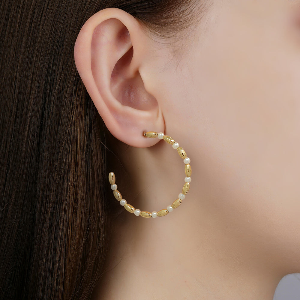 Gold & Pearl Beaded Hoop Earrings