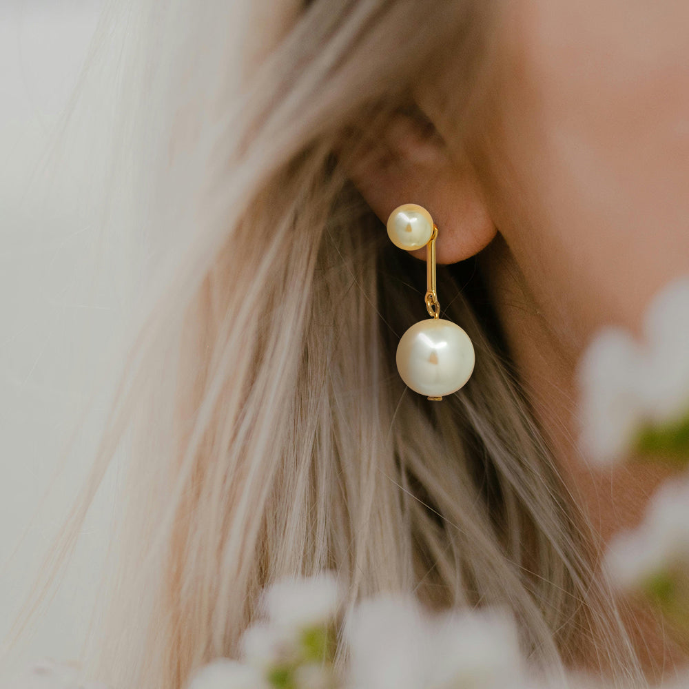Double Pearl Drop Gold Earrings