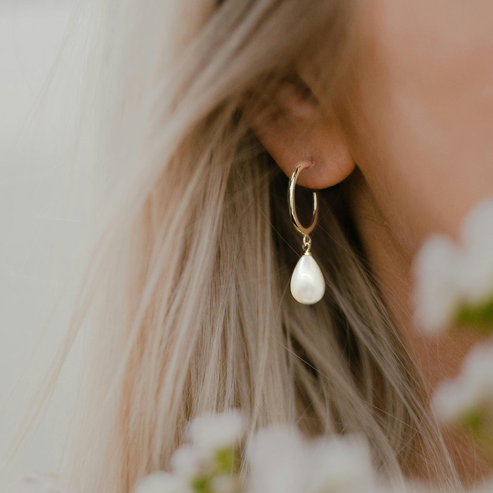 Gold Hoop Earrings with Pearl Teardrop Dangle