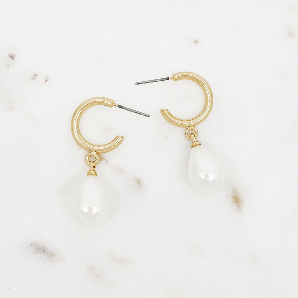 Gold Hoop Earrings with Pearl Teardrop Dangle