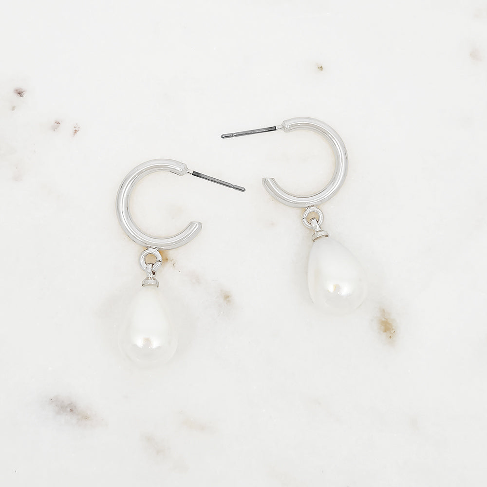 Gold Hoop Earrings with Pearl Teardrop Dangle