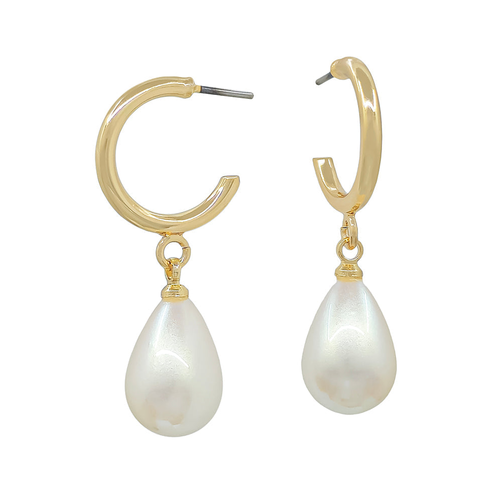 Gold Hoop Earrings with Pearl Teardrop Dangle