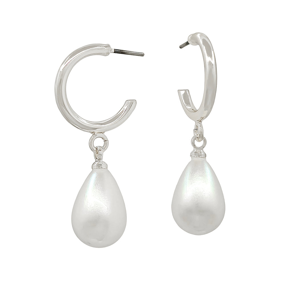 Gold Hoop Earrings with Pearl Teardrop Dangle