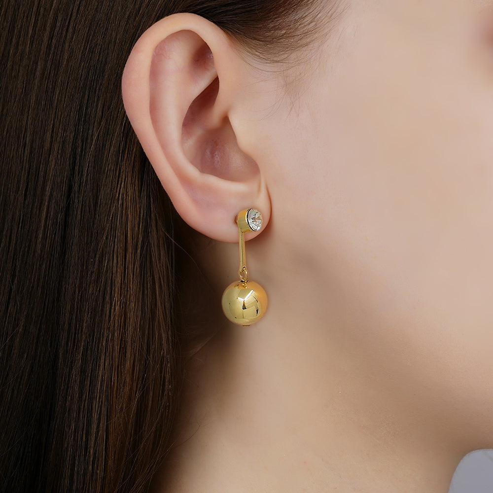 Gold Drop Earrings with Clear Crystal Stud and Polished Sphere Charm