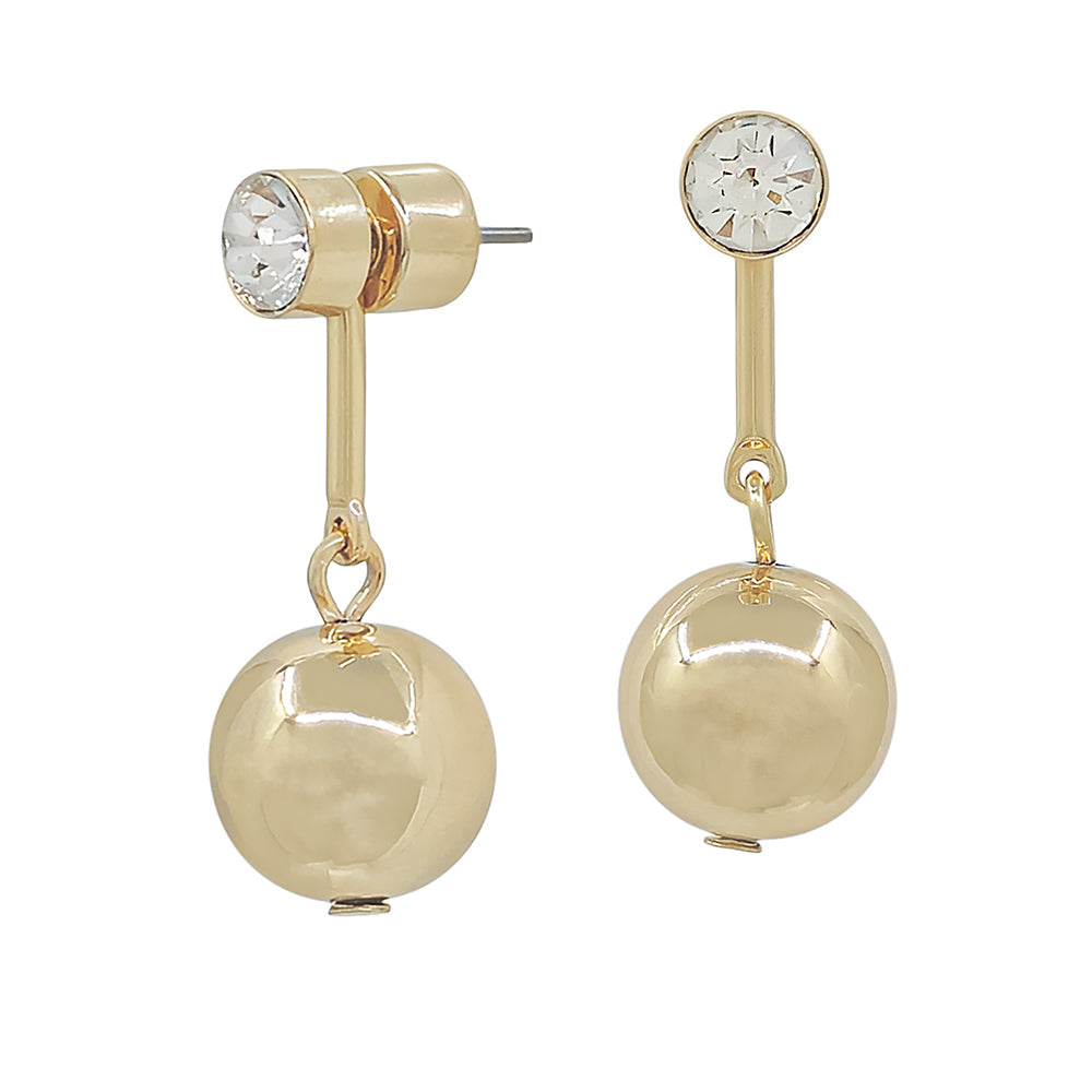 Gold Drop Earrings with Clear Crystal Stud and Polished Sphere Charm