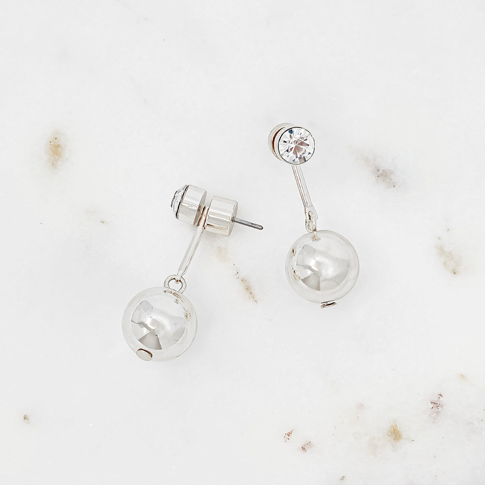Gold Drop Earrings with Clear Crystal Stud and Polished Sphere Charm