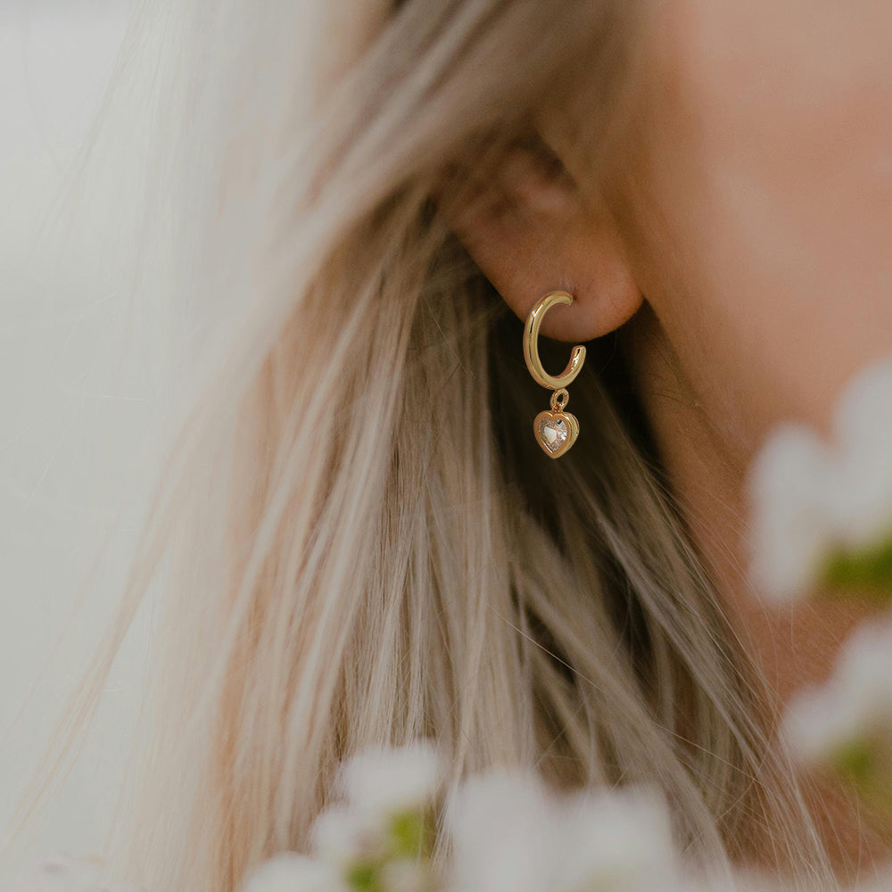 CZ Heart Charm Hoop Earrings, Gold & Silver Crystal Drop Huggies, Dainty Valentine Jewelry