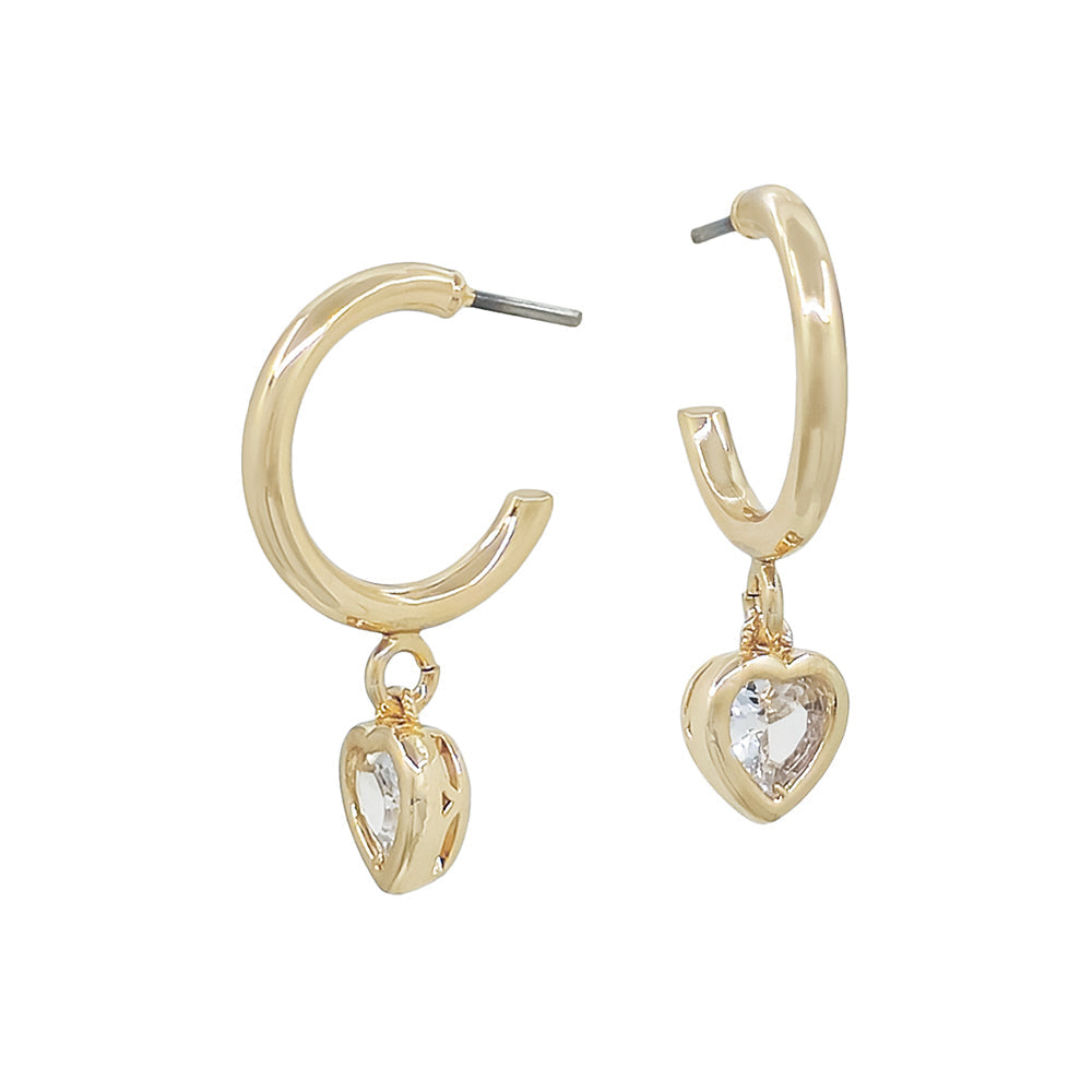 CZ Heart Charm Hoop Earrings, Gold & Silver Crystal Drop Huggies, Dainty Valentine Jewelry