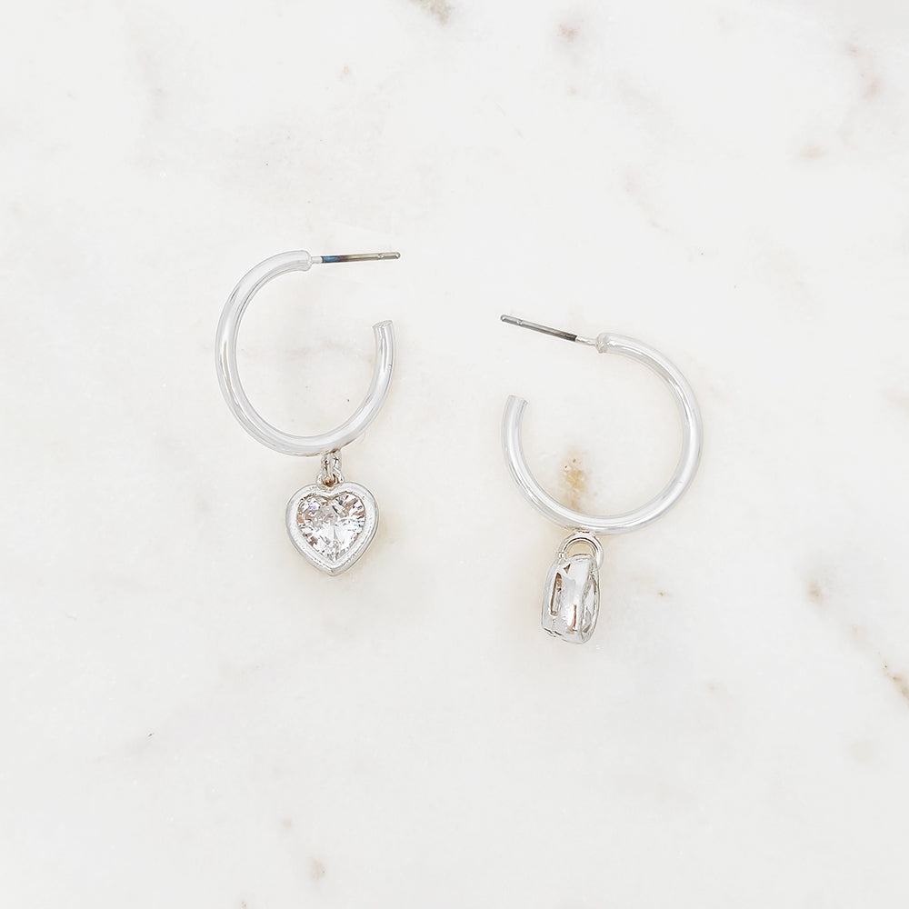 CZ Heart Charm Hoop Earrings, Gold & Silver Crystal Drop Huggies, Dainty Valentine Jewelry