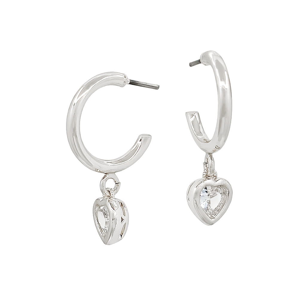 CZ Heart Charm Hoop Earrings, Gold & Silver Crystal Drop Huggies, Dainty Valentine Jewelry