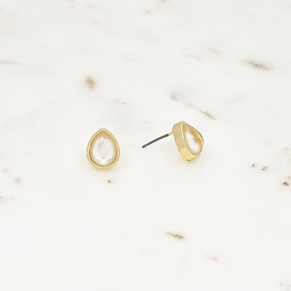 Gold Teardrop Stud Earrings with Clear Faceted Stone