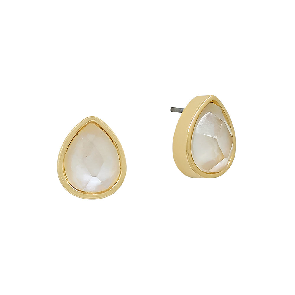 Gold Teardrop Stud Earrings with Clear Faceted Stone