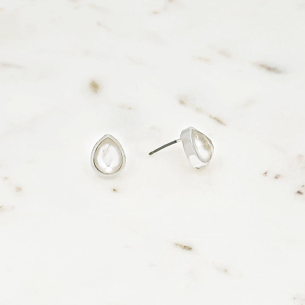 Gold Teardrop Stud Earrings with Clear Faceted Stone