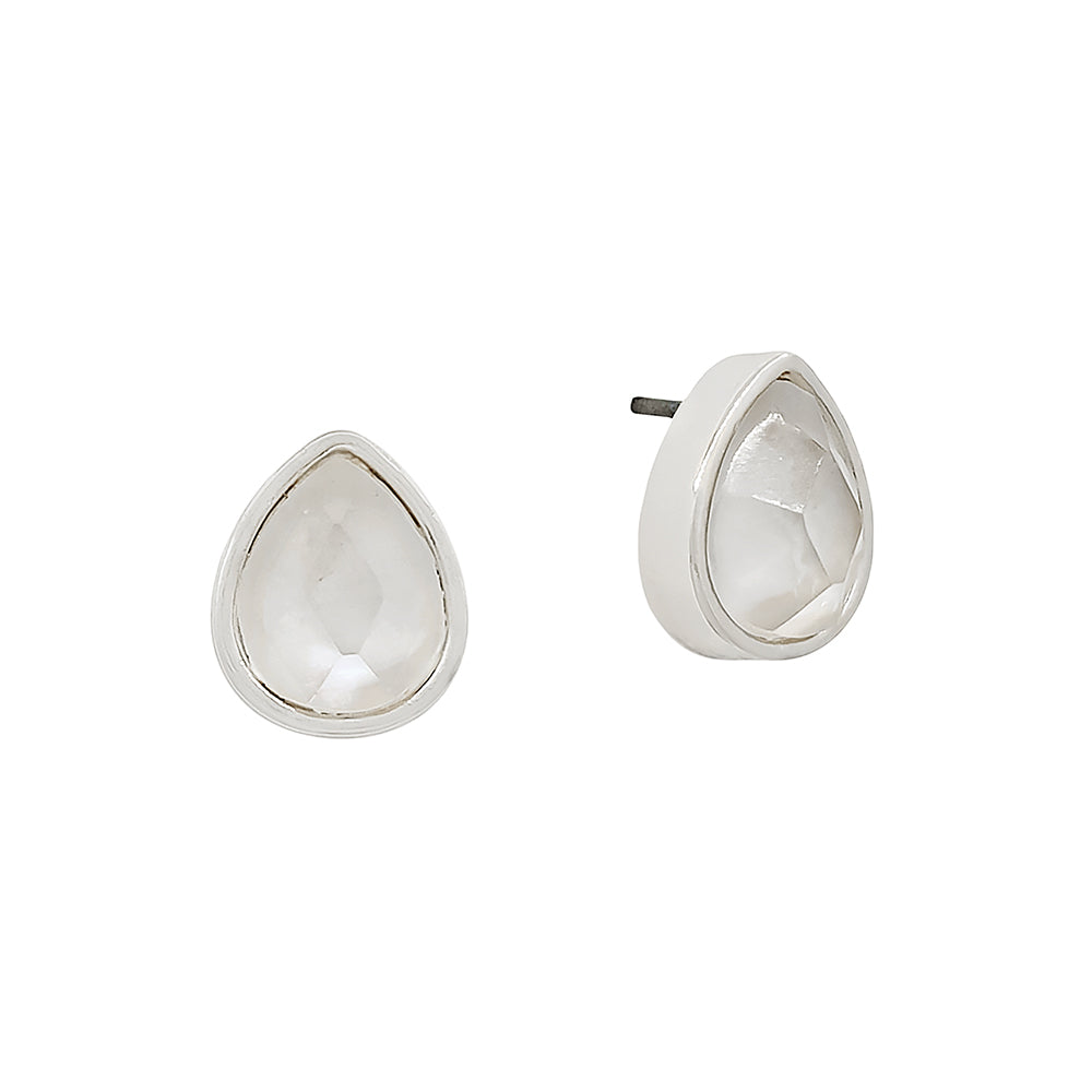 Gold Teardrop Stud Earrings with Clear Faceted Stone