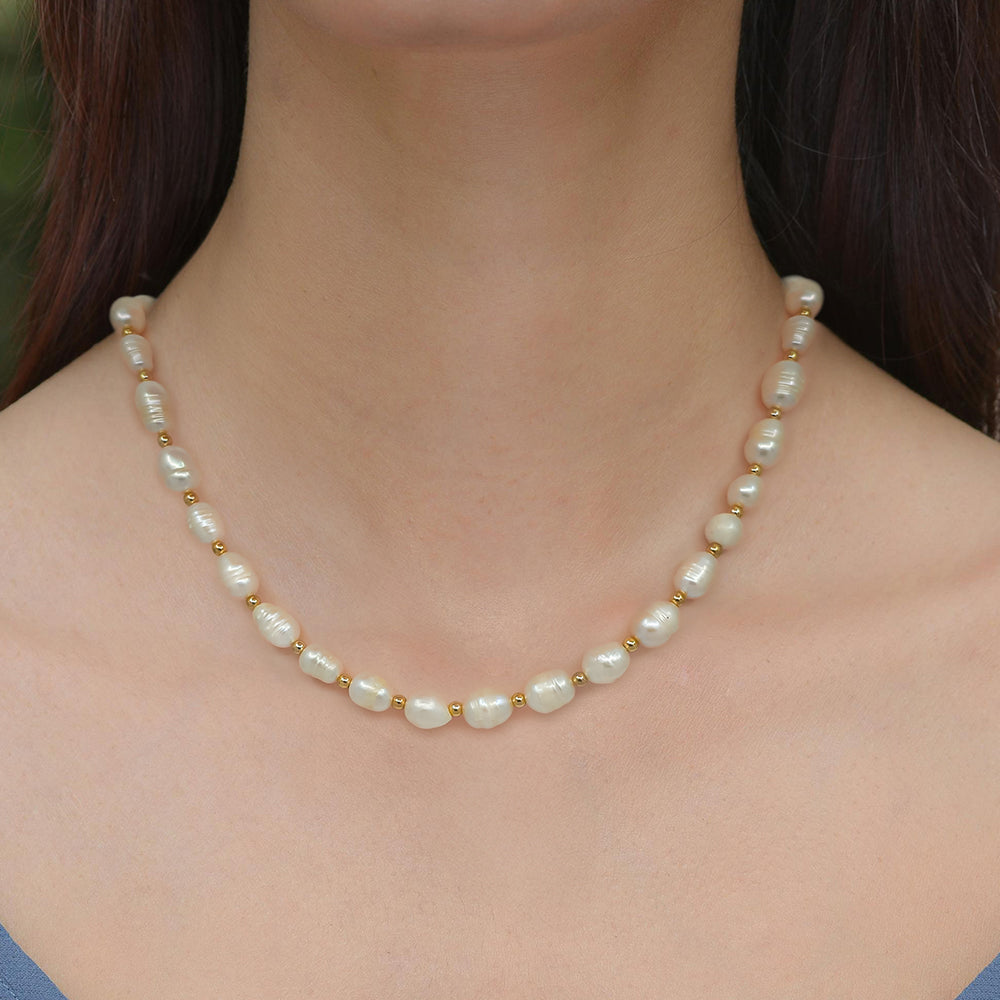 Freshwater Pearl Necklace with Gold Beads Accents