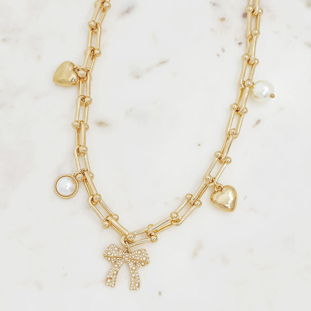 Bow Charm Layered Pearl & Heart Dangle Accents Necklace