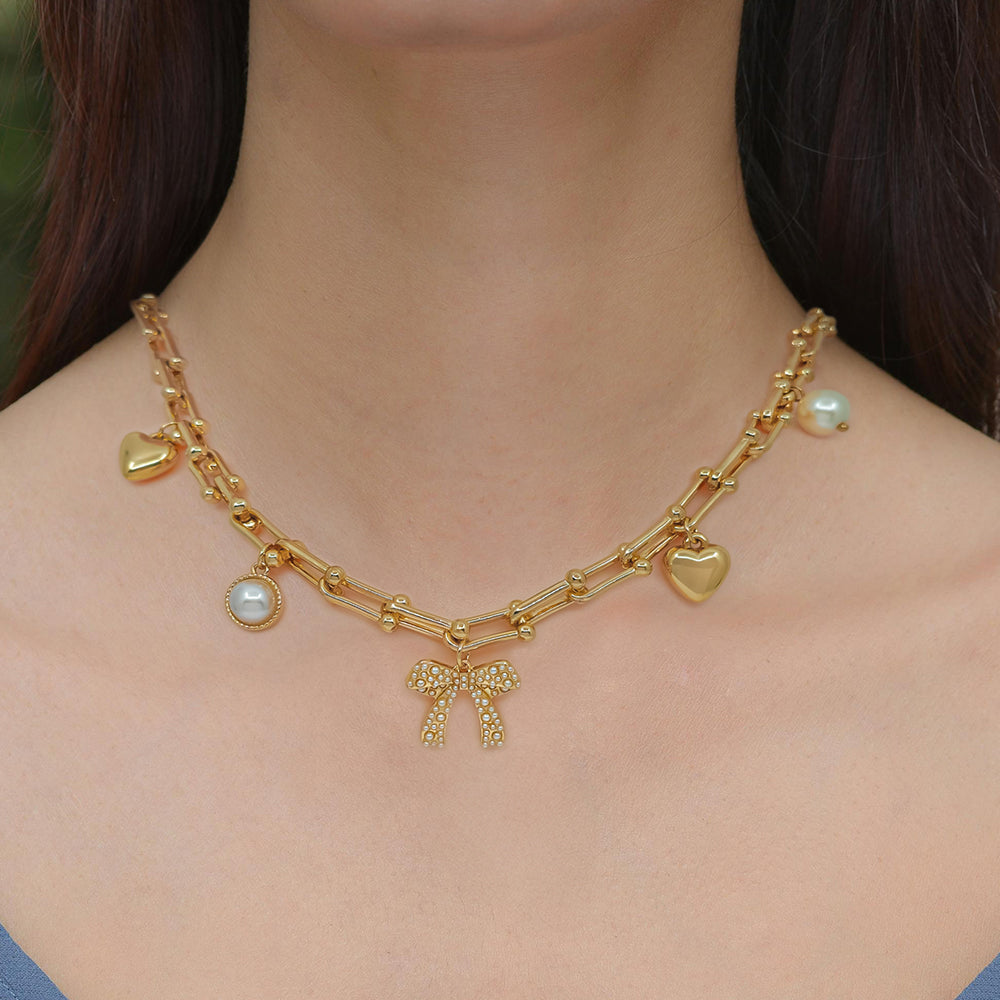 Bow Charm Layered Pearl & Heart Dangle Accents Necklace