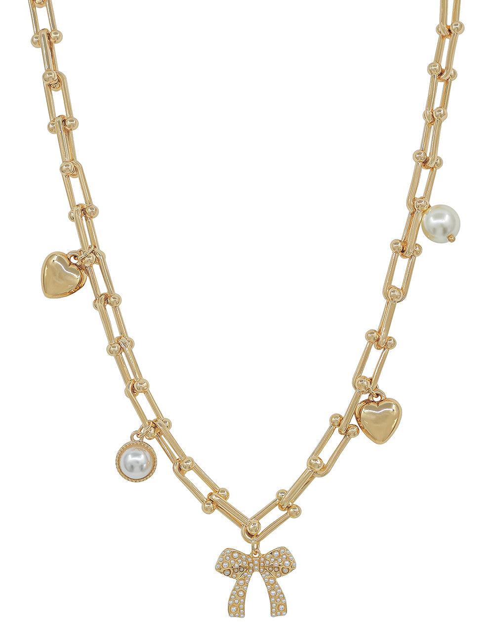 Bow Charm Layered Pearl & Heart Dangle Accents Necklace