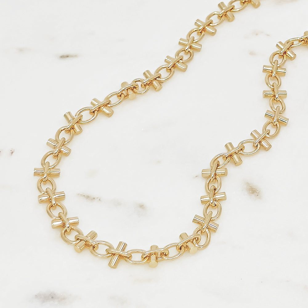 Gold Chain Necklace with Cross Link Accents