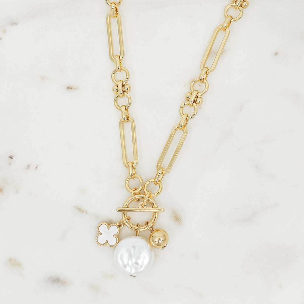 Pearl, Clover & Ball Accents Charm Toggle Chain Necklace,