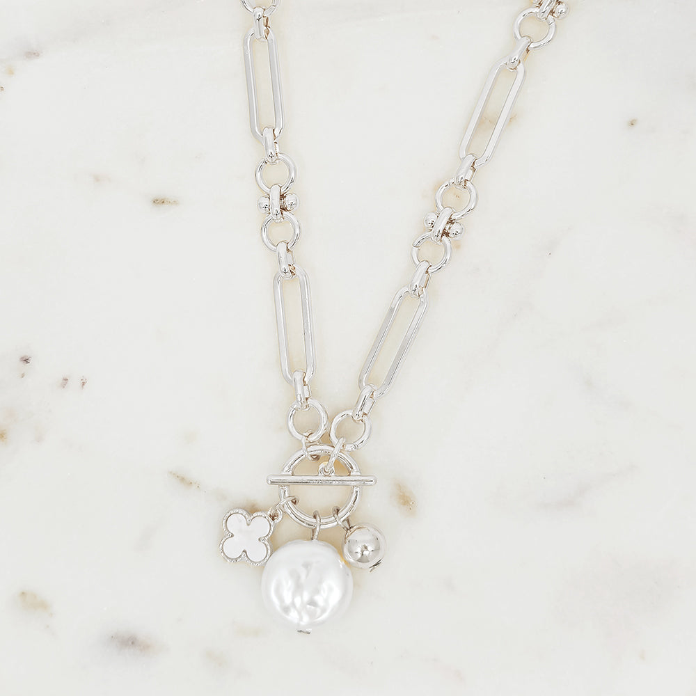 Pearl, Clover & Ball Accents Charm Toggle Chain Necklace,